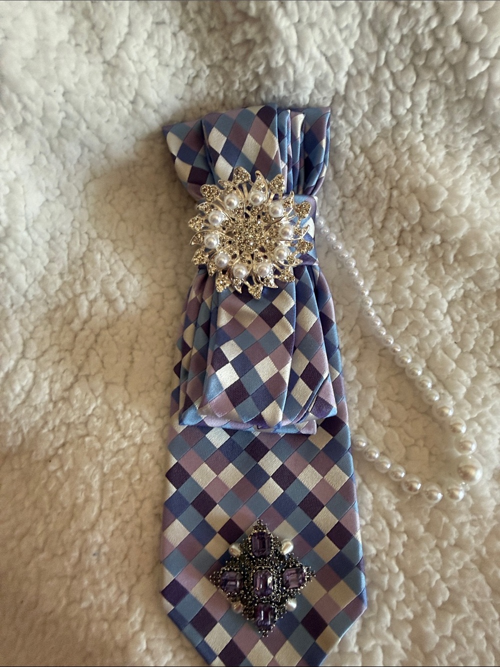 Women’s Purple Plaid Necklace with Crystal Brooch Accent